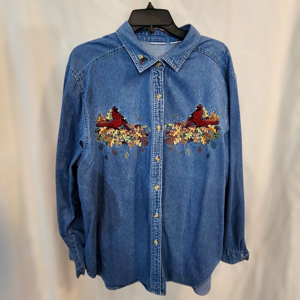 Vintage Womens Denim Shirt 90s Y2K Embroidered Bird Fall Cardinal Jacket XXL 1X